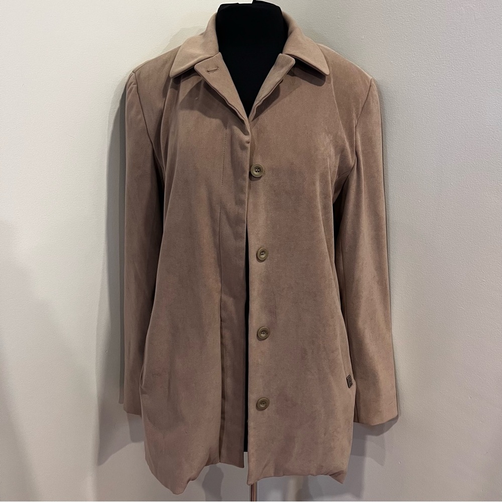 London Fog Womens M Taupe khaki Trench Coat faux suede
